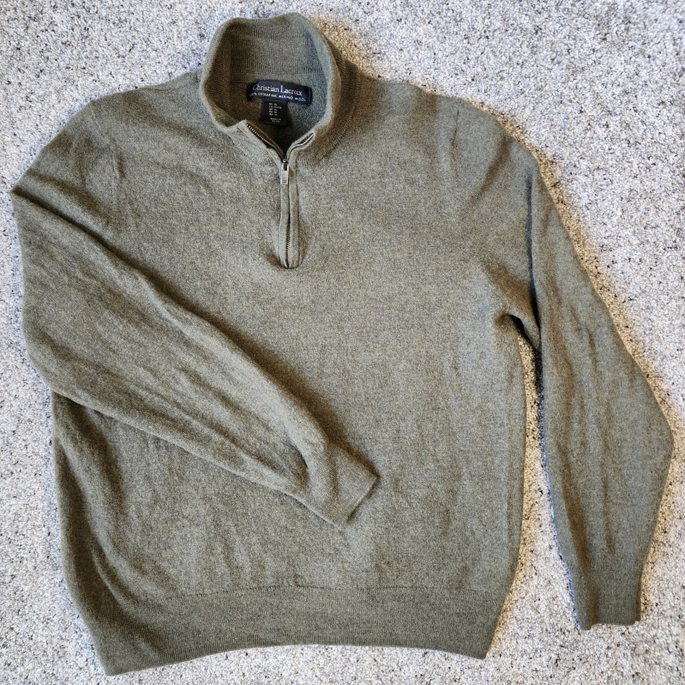 Christian Lacroix Quarter Zip Sweater Mens XL Merino Wool Olive Green GUC